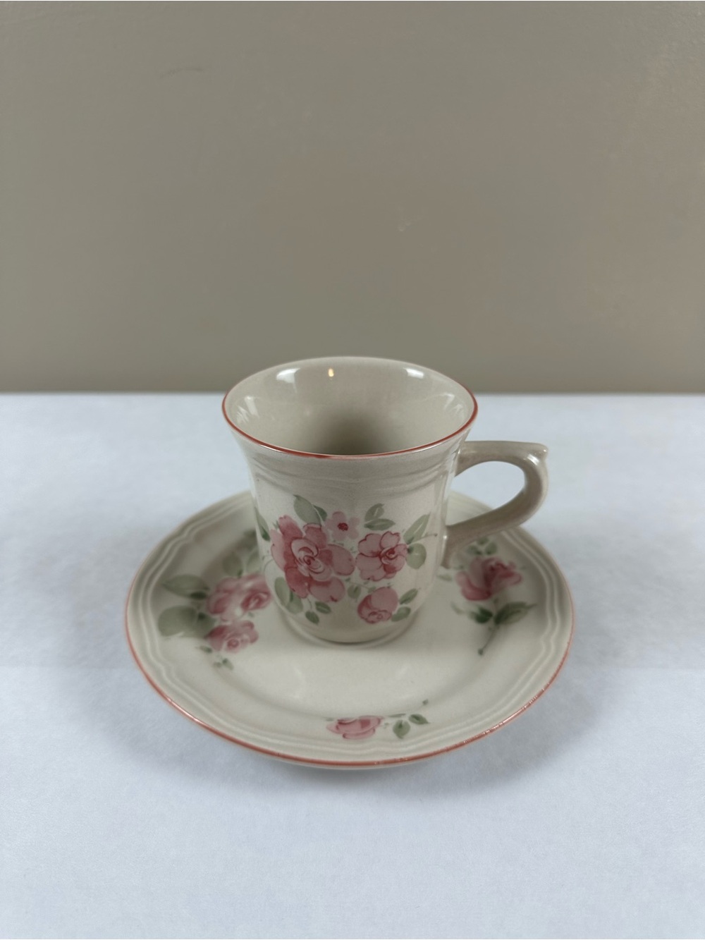 Gibson Cream Ceramic Demitasse Cup & Saucer with Pink Floral Pattern